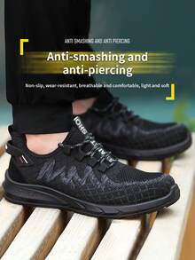 钢头安全鞋，男士工作运动鞋，旋转按钮式易穿脱工作安全靴，透气运动工作鞋，男靴，工作安全鞋，男士安全靴，防砸工作鞋，钢头鞋，男士工作靴，防刺穿安全运动鞋，男女通用，适合徒步旅行、户外活动，防刺穿，防砸，缓冲鞋底和轻便EVA鞋底，附赠随机颜色EVA护膝，防滑工作鞋，男士工作鞋，女士安全鞋 - 黑色 - 查看 4