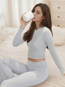 2pcs Women's Fashion Casual Set: Pleated Long Sleeve Top With Round Neckline + High Waisted Slightly Flared Pants, Spring - Light Grey - View 5