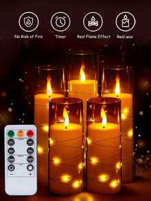 5支闪烁无焰蜡烛，带星形串灯，电池供电，内置LED灯串，不易碎亚克力材质，带遥控器，许愿蜡烛灯，适用于桌面摆件装饰，适合圣诞节、万圣节、情人节、婚礼、派对、节日氛围装饰。 - 灰色 - 查看 4