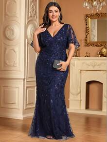 EVERPRETTY Plus Size Women V-Neck Sequin Embroidery Mesh Mermaid Maxi Dress, Formal Evening Party Gown For Valentine's Day Date, Winter Spring Wedding Guest Cocktail Dress, Navy Blue - Navy Blue - View 7