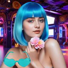 Vibrant Colorful Wigs&Heart-Shaped Sunglasses Set Express Unique Style With Collection Of Colorful Wigs In Shades Like Blonde Blue Purple Green Pink Orange Red Paired With Heart-Shaped Sunglasses In Matching Hues Perfect For Parties Cosplay - 藍色 - 查看 3