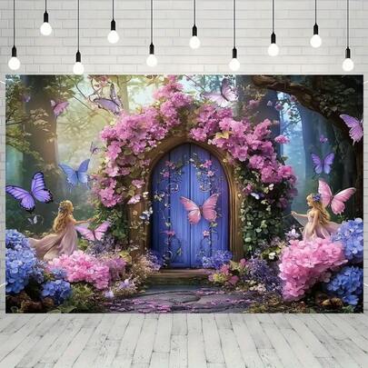 2D横幅 1件装 魔法仙境花园壁挂式背景幕布 - 魔法森林设计，仙女、鲜花和蝴蝶 - 涤纶面料，可重复使用，室内外装饰 - 适用于生日、婚礼、圣诞节、母亲节及其他活动 | 营造迷人氛围 | 色彩鲜艳，印刷质量上乘，仙境花园配件