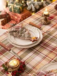 1pc Christmas Beige & Plaid Tablecloth, Thickened Woven Material For Square Table, Suitable For Holiday Gatherings And Parties - Beige, Red and Green - View 7