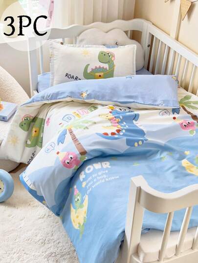 Juego de ropa de cama cómoda, estampado de luna y dinosaurio, lindo patrón tropical de palmeras, juego de 3 piezas de funda nórdica que incluye 1*funda nórdica + 1*funda de colchón + 1*funda de almohada, sin relleno, regalo de ropa de cama para niños, adecuado para todas las estaciones (Funda nórdica: 120x150cm)