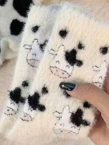 Niedliche Kuh gemusterte Plüsch Rundhals Socken, dick und warm Korallen Fleece Socken, Damen Seide Strümpfe und Socken, weich und bequem, geeignet für den täglichen Gebrauch, Weihnachten, Winterwärme Zuhause, Herbst- und Wintersocken, offene Socken, Herren mittellange enge Röhrensocken
