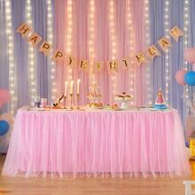6FT Length White Tulle Table Skirt Rectangle Round Tables 2 - Layer Ruffle Tulle Tutu Cloth Desk Table Skirt Shower Birthday Party Wedding Cake Dessert Decorations