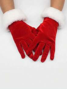 1 Pair Women's Short Velvet Christmas Gloves With White Fur Trim, Warm Party Gloves - Multicolor - View 6