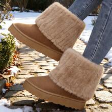 Botas de inverno femininas de cano alto, forro térmico, pele sintética, pelúcia curta, sola grossa e plana, calçado quente e acolchoado. - Camelo - Ver 4