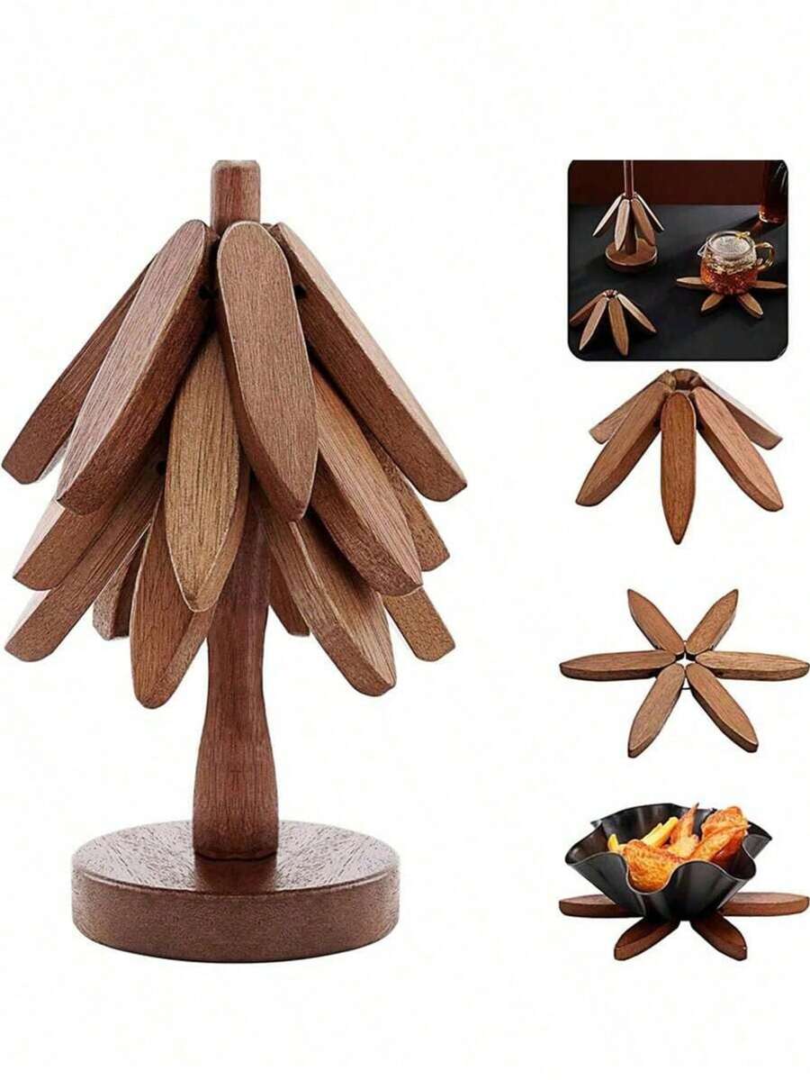 1 Set Of 5pcs Leaf-Shaped "Heat Insulation Tree" - Solid Wood Heat Insulation Pad, High Temperature Resistant Coaster, Wooden "Christmas Tree" Trivet, Pot Holder, Cup Coaster, Modern Minimalist Plate Mat, Ideal Gift For Halloween And Christmas - Multicolor - View 1