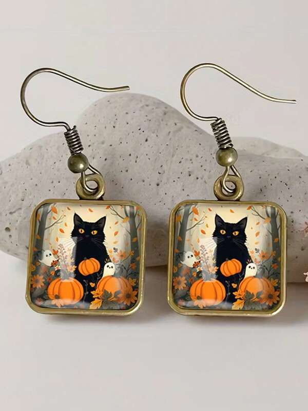 1 par de pendientes de Halloween, gato negro, calabaza y hoja de otoño, accesorios retro de otoño con diseño de gancho, accesorios para fiestas de Halloween, Navidad y Acción de Gracias, artículos personalizados de moda y creativos, esenciales para las compras navideñas