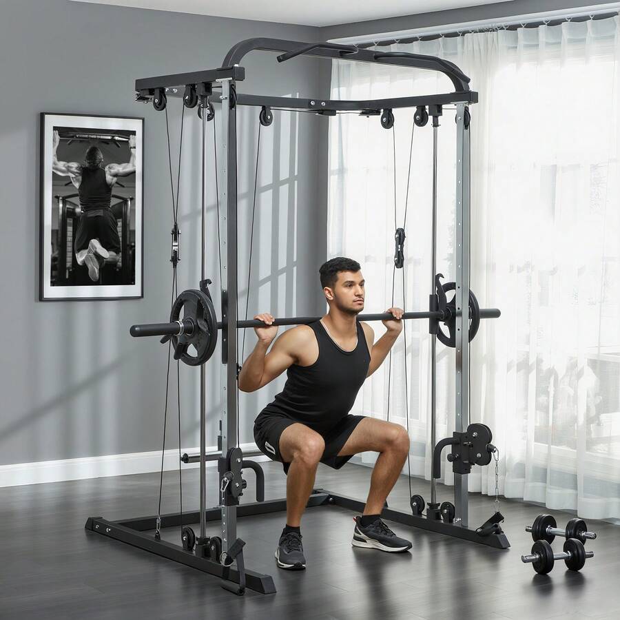 SOOZIER 3 In 1 Smith Machine, Multi-Functional Power Cage With Cable Crossover System, Pull Up Station, 16-Level Squat Rack And Barbell Bar, Home Gym Machine