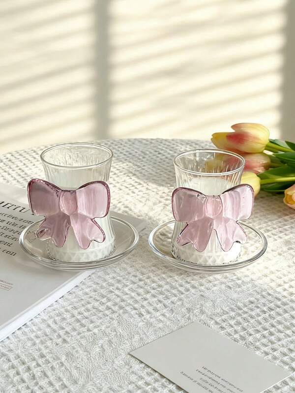 1pc Ins Style High-Quality Pink Bow Glass Cup & Saucer Set, Home Use High Borosilicate Heat-Resistant Juice/Milk/Coffee Cup With Saucer