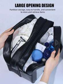 1 pièce Sac de toilette noir en PU à séparation sèche et humide, transparent et imperméable, à double couche, grande capacité, multifonction, sac de rangement pour le maquillage, sac de sport et de natation portable pour hommes et femmes