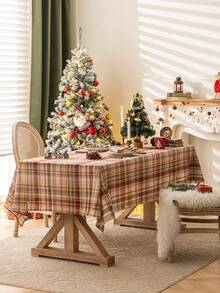 1pc Christmas Beige & Plaid Tablecloth, Thickened Woven Material For Square Table, Suitable For Holiday Gatherings And Parties - Beige, Red and Green - View 4