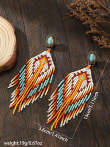 Handmade Boho Beaded Tassel Earrings, Vintage Style, Dark Vibe, White, Orange, Green Seed Bead Geometric Diamond Weave Pattern, Swaying Tassel Pendants, Metal Ear Studs, Elegant Beaded Earrings, Fashionable Accessory Suitable For Women, Vacation, Party, Casual Daily Wear, Versatile, Perfect Gift For Her