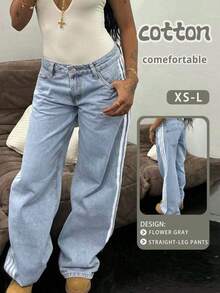 Jeans de mezclilla casual con bolsillo, cremallera y botones con rayas de contraste para mujer