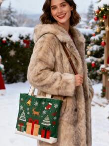 Bolso de lona grande con estampado personalizado para el hombro de mujer, adecuado para Navidad y otoño/invierno