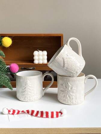1pc 420ml Embossed Christmas Ceramic Mug Featuring Embossed Christmas Tree, Snow Cottage, Snowflakes And Christmas Bells Ceramic Coffee Cup In Minimalist, Light Luxury Style Generous Capacity, Ideal For Festive Dinner Beverages Suitable As Latte/Milk Cup For Cafes Or Afternoon Tea Perfect Gift For Holidays And Festive Decor