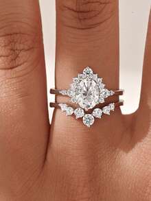 2 piezas Anillos de óvalo de circonita brillante de plata S925 de lujo, regalo conmemorativo para mujeres para aniversario, Navidad