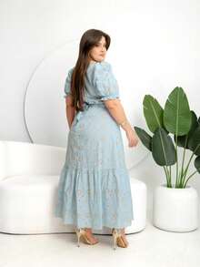 Vestido longo Luxo elegante lese bordado algodão com cinto flor manga curto