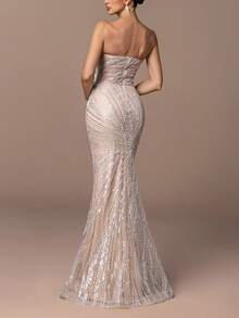 女士奢华无肩带美人鱼晚礼服 - 饰以花卉和串珠点缀，鱼尾廓形，高开衩设计，闪亮亮片装饰 - 完美适用于婚礼、盛大晚宴、红毯活动和正式派对 - 香檳色 - 查看 2