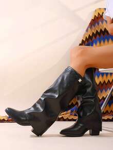 秋冬女式尖头舒适宽筒直筒多功能一体式搭扣时尚厚底裤靴加大码黑色性感过膝长靴，配有可调节搭扣装饰，适合度假和日常穿着；女式时尚褶皱仿皮过膝长靴；百搭朋克风外套女式过膝长靴，派对必备。