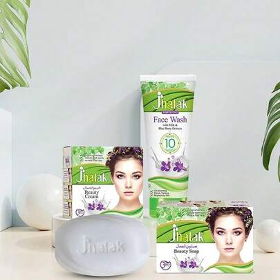 Ard Al Zaafaran Jhalak Pacote com 3 unidades - JHALAK BEAUTY SERUM creme e loção CONJUNTO DE 3 UNIDADES com creme, sabonete e gel de limpeza facial Entrega rápida 24/48 horas para todos os tipos de pele