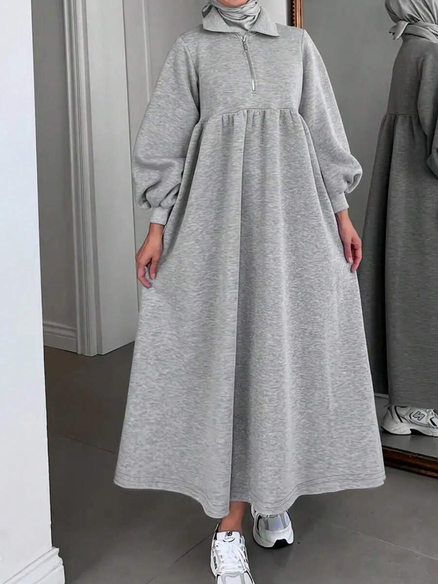 Vestidos árabes de manga larga con cremallera, de unicolor y minimalistas, para uso diario y vacaciones de primavera - Gris - Ver 1