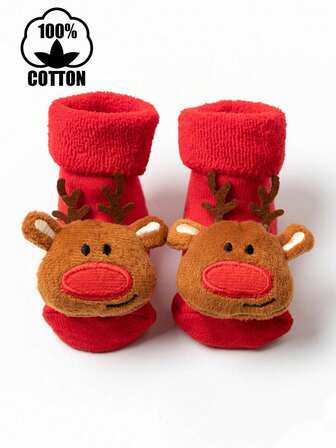 1 par tjocka bomullssockor för baby, varmt termofodrat, julröda halkfria strumpor till mitten av vaden