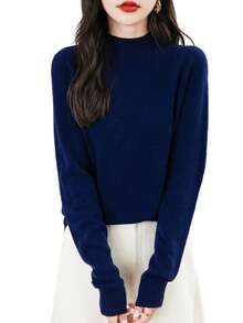 Women's 100% Merino Wool Seamless Turtleneck Long Sleeve Knit Sweater - Navy Blue - View 5