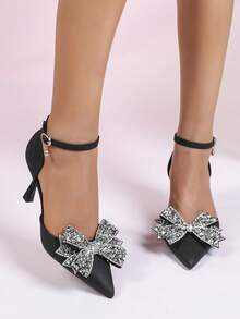 DivaStride Women's 2024 Summer New Style Closed Toe Hollow-Out High-Heeled Sandals, With One-Strap Buckle, In A Fairy Style, Pointed Toe, Slim Heel And Bowknot Decorations