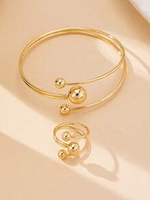 1 Set Geometric Hollow Open Bangle And Open Ring, Vintage Elegant Style Bracelet And Ring Set For Women