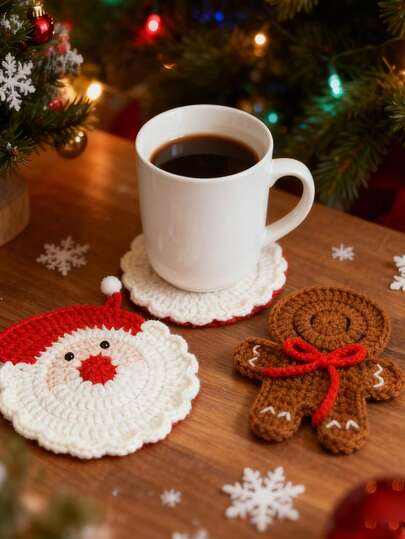 1 Sottobicchiere fatto a mano di Babbo Natale con motivo dell'uomo di pan di zenzero, sottobicchiere circolare lavorato a maglia con bordo, assorbente, decorazione per tavolo da festa di Natale, sottopentola per tazze d'acqua, uncinetto, adatto per case, uffici, caffè, sale da tè, tavoli da pranzo, è un ottimo regalo di Natale, Ognissanti, San Valentino