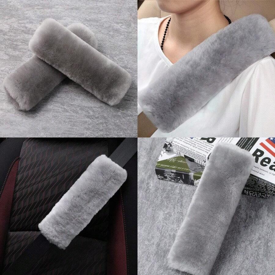 2 Pack Automotive Authentic Sheepskin Car Seat Belt Pads Soft Shoulder Pad Neck Cushion Protector Genuine Natural Merino Wool Misty Gray