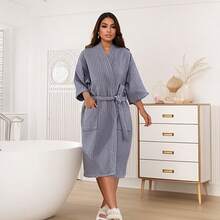 1pc Waffle Bathrobe, Summer Loose Soft Breathable Non-Stuffy, Luxurious Quality Home/Dorm Shower/Swimming Unisex Short Sleeve Robe Back To School - Multicolor - View 9