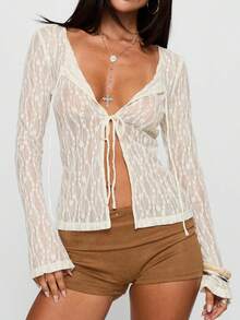 Women's Y2k Tie Front Shirt Tops Flounce Sleeve Round Neck Lace Floral Print Mesh Ribbed Tops See Through Long Sleeve Open Front Slim Fit Blouse Aesthetic  Going Out Top - 白色 - 查看 2