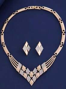 3pcs Fashionable Elegant Geometric V-Shaped Necklace & Earrings Jewelry Set For Women, Versatile For Dresses