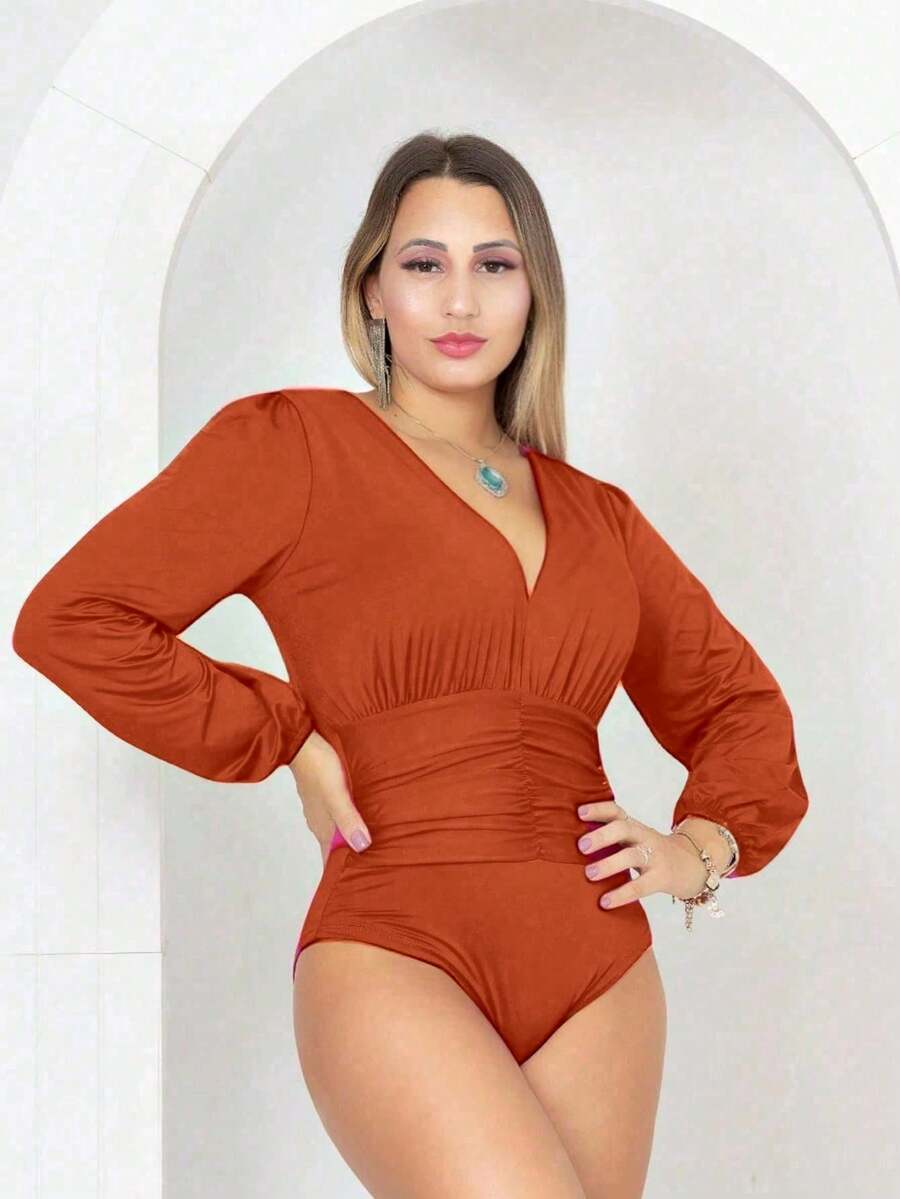 Long Sleeve Bodysuit With Abdomen Detail - Terracotta - View 1