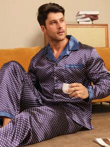 2pcs Men's Polka Dot Pattern Contrast Collar Pajama Set, Long Sleeve Top And Long Pants, Suitable For Spring, Summer, Autumn And Winter - Multicolor - View 4