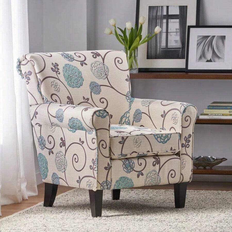 Modern Dark Gray Fabric Reading Chair, Floral Club Chair, Lazy Chair With 1.5 Times Sponge Filling And Side Pockets, Adult Sofa Chair, Suitable For Living Room, Bedroom, Baby Room, RV, Brown Retro White And Blue