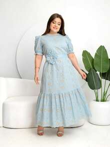 Vestido longo Luxo elegante lese bordado algodão com cinto flor manga curto