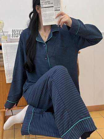 2 piezas Conjunto de pijama de mujer con top de solapa a rayas y pantalones, cómodo y de moda para el hogar y el ocio, adecuado para primavera, otoño e invierno