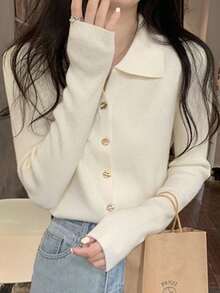 Elegante jersey de manga larga con cuello en V y solapa para mujer. Top chic de otoño/invierno con escote semiabierto. Jersey de capa base Jerséis de Mujer Tops de Punto para Mujer - Albaricoque - Ver 6