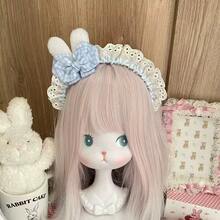 1pcs Niche Lolita Bunny Ear Lace Headband - Blue Checkered Bowknot Style, Lolita Outfit/Cute Party Accessory, Eye-Catching Personality Hair Ornament - 粉色 - 查看 7