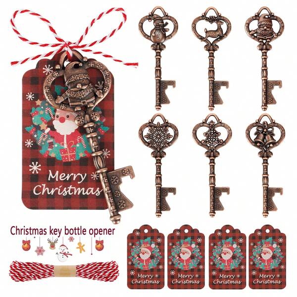 24pcs Creative Christmas Series Key Bottle Opener (With Card, Rope), Santa Claus/Snowman/Reindeer/Snowflake/Christmas Bell/Christmas Tree/Snowflake Key Design Bottle Opener, Metal Keychain Pendant, Suitable For Wedding, Holiday And Party Supplies, Birthday Party, Kitchen And Bar