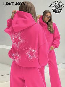 Bright Pink Women's Pullover Sweatshirt With Shiny Star Pattern, Comfortable Polyester Long Sleeve Drawstring Sweatshirt, Suitable For Daily Wear - Hot Pink - View 1