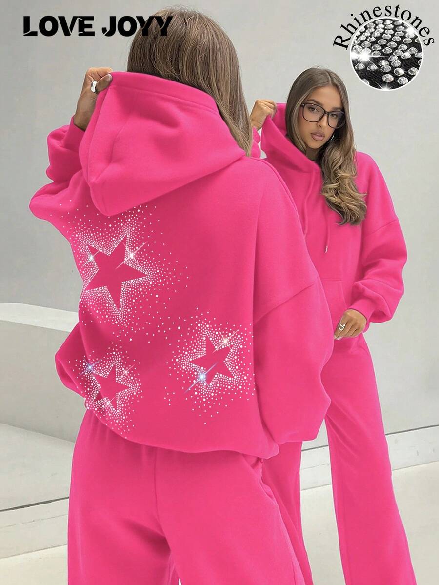 Bright Pink Women's Pullover Sweatshirt With Shiny Star Pattern, Comfortable Polyester Long Sleeve Drawstring Sweatshirt, Suitable For Daily Wear - Hot Pink - View 1