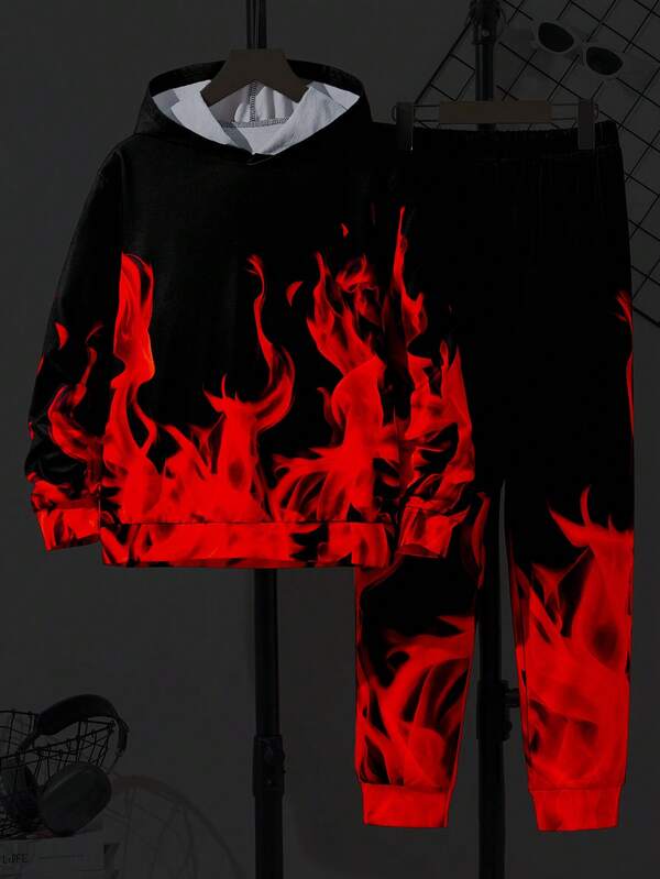 2pcs/Set Boys Casual Street Style Flame Print Hoodie And Pants, Comfortable Daily Outfit, Spring/Autumn New Arrival