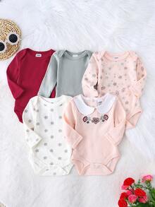 DILAVEL 5pcs/Set Newborn Baby Long Sleeve Rompers, Embroidered Floral Pattern Round Neck Outdoor Clothing Set, Autumn/Winter - Baby Pink - View 2