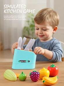 兒童嬉戲廚房玩具套裝，兒童烹飪配件，學齡前烹飪玩具套裝，角色扮演廚房玩具，兒童切割工具，兒童節/生日教育學習禮物，7件套裝（隨機顏色），包含小麥稈刀、砧板、刀架